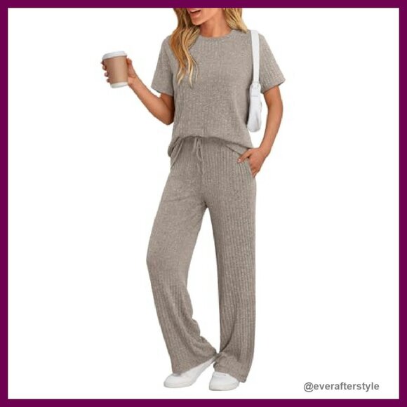 Oversized Lounge Set Soft Ribbed Fabric Matching Tracksuit Chic Casual - Picture 2 of 6